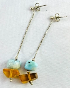 Sterling Silver 925 Blue Lace Agate & Honey Amber Drop Earrings Italy - Picture 1 of 7