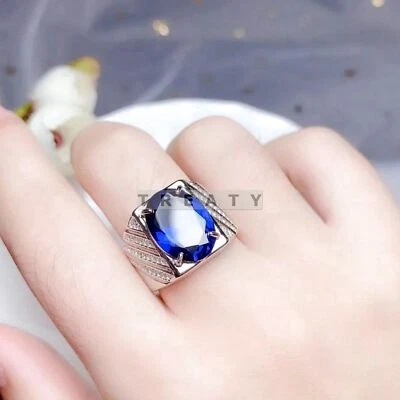 Piedras preciosas de zafiro azul de corte ovalado con anillo de plata de ley 925 para hombre #224 Foto 1 de 4