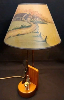 Mid Century Hunting Lodge Watchdog & Shotgun Lamp Farm Scene Shade Incredible! - Image 1 of 4