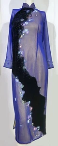 Nha may thuy Vietnamese maxi dress Side slit Sheer lined Velvet sparkle S - Picture 1 of 12