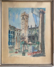 ::WATERCOLOR SIGN.&DAT.1953 VERONA MARKETPLACE VIEW WITH CHURCH TOWER WATCH