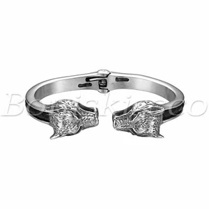 Men's Punk Stainless Steel Leather Double-Wolf Head Open Cuff Bangle Bracelet - Picture 1 of 7