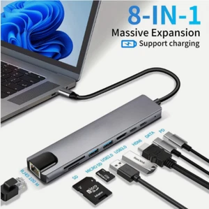 Hub de datos USB-C multipuerto 8 en 1 tipo C a USB 3.0 RJ45 Ethernet Gigabit adaptador - Imagen 1 de 7