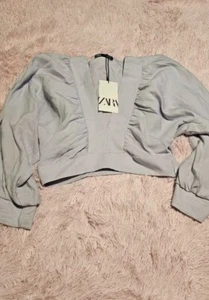 Zara Womens Sz S Purple 100% Linen Drape Long Sleeve Deep V Neck Crop Top - Picture 1 of 7