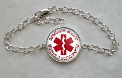 Pulsera ajustable de plata de ley 925 con alerta médica de fibrosis quística  Foto 1 de 2