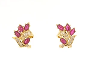 Estate Vintage 14K Yellow Gold Marquise Ruby & Round / Baguette Diamond Earrings - Picture 1 of 4