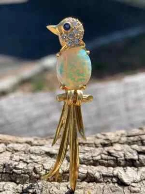 Broche prendedor de pájaro para mujer enchapado en oro amarillo de 14 quilates simulado ópalo corte ovalado de 2,00 quilates Foto 1 de 4