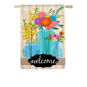 Blue Glass Floral Welcome House Linen Flag,13l9582bl - Picture 1 of 2