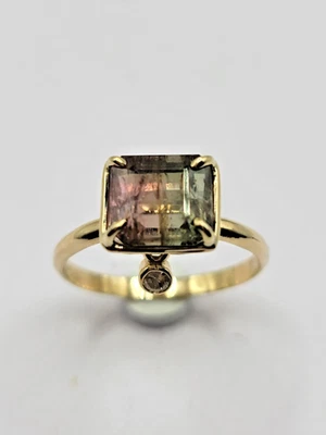 Natural Watermelon Tourmaline and diamond ring solid 14k yellow gold  NO RESERVE - Image 1 of 4