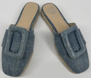 NEW Vince Camuto Women’s Jinannie Buckle Espadrille Denim Mules Blue Sz 7M Flaw - Picture 1 of 16