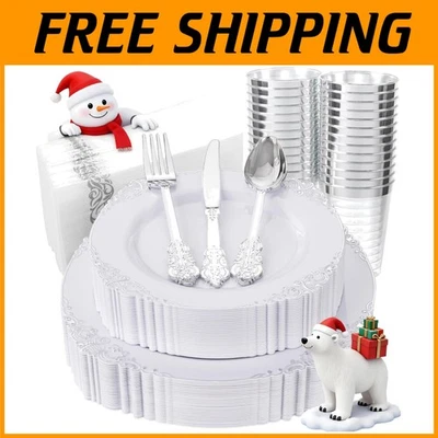 Elegantes platos desechables plateados - Juego de 25 invitados Foto 1 de 4