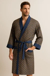 West Lake 100 % Seide Morgenmantel 1XB 2XB blau braun geometrisches Kettenmuster Morgenmantel - Bild 1 von 11