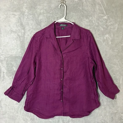 Top Lauren Ralph Lauren XL púrpura joya lino mangas 3/4 cuello abotonado Foto 1 de 4
