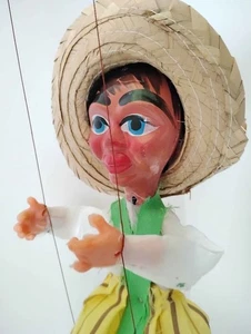 Vintage Mexikanische Marionette Schnurpuppe mit Sombrero Strohhut - Bild 1 von 11