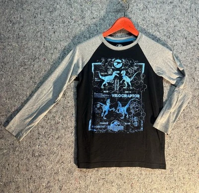 Jurassic World Youth Long Sleeve Shirt YS Velociraptor Graphic Tee Blue Grey - Image 1 of 4