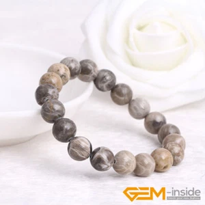 Natural Gray Fossil Coral Jasper Round Beaded Stretchy Bracelet Jewelry Gift 7'' - Picture 1 of 28