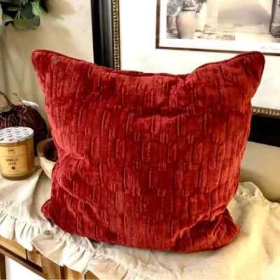 Cozy red velour square pillow - autumn fall farmhouse home decor - plush cotton - Image 1 of 3