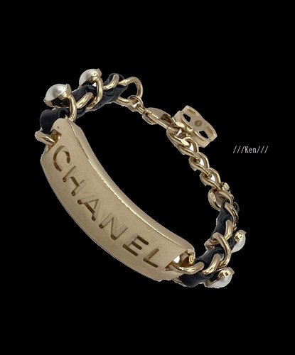 CHANEL Bracciale Braccialetto AUTENTICO Coco CC Vintage Raro Logo Placca Oro Pelle Perla