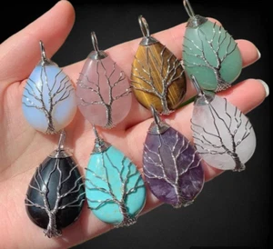 Tree of Life Necklace Crystal Pendant Healing Stone Gemstone Wire Wrapped - Picture 1 of 18