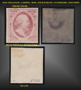 1852 NETHERLANDS MINT NO GUM IMPERF.10C.CARMINE ROSE 4 MARGIN NSVPH.2 SCT.2 MI.2 - Picture 1 of 1