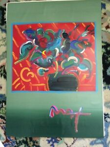 PETER MAX 'FLOWERS' LARGE ACRYLIC ON PAPER OVER LITHO SIGNED COA Griffin gallery
