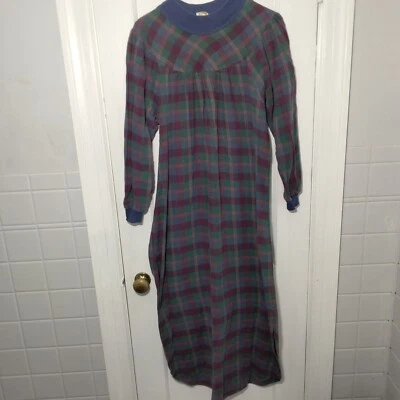 Camisón Barbizon Vintage Azul Verde Granate Franela Manga Larga Pequeño Foto 1 de 4