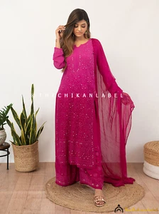 Rani Pink Sitara Viscose Hand Embroidery Chikankari Kurta Set Lucknow Chikankari - Picture 1 of 8