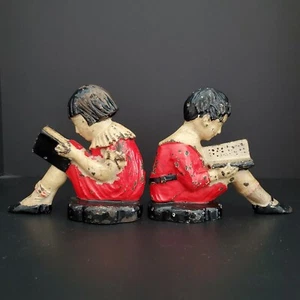 VINTAGE PAIR BOOKENDS BOY GIRL READING (HUBLEY ARTLINE?) DOORSTOPS CAST IRON - Picture 1 of 11