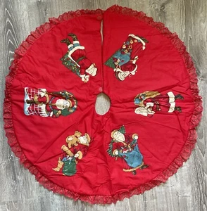 Vintage Handmade Cloth Stitched Santa Christmas Holiday Red Tree Skirt  34” - Picture 1 of 12