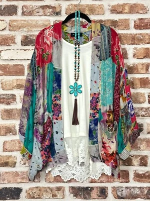 Contemporáneo Bohemio Floral Bloque Gitano Multicolor Plumero Kimono M Foto 1 de 4