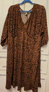 AVA & VIV Dress Brown Black Geometric Balloon Sleeve V-Neck Midi Size Plus 1X - Picture 1 of 3