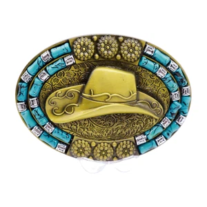New Men Antique Gold Metal Western Fashion Belt Buckle Cowboy Hat Turquoise Blue - Picture 1 of 9