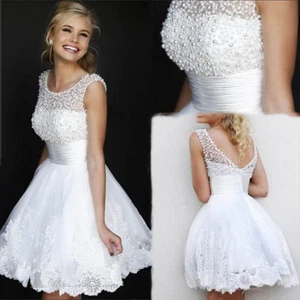 Pearls Short Wedding Dresses Scoop Neck Mini Bridal Gowns Lace Appliques Custom - Picture 1 of 10