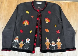 Vtg Jack B Quick Thanksgiving Knit Cardigan Turkey Pilgrim Native Amer Size L - Picture 1 of 9