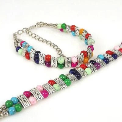 Tibetan Silver Bracelet Multicolor Turquoise Bead Bangle Woman Bracelet - Image 1 of 2
