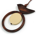 Brown/ Cream Bird and Circle Wooden Pendant Cotton Cord Long Necklace - 84cm L/
