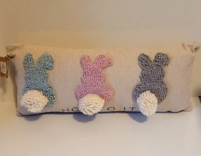 Easter Throw Pillow HOP TO IT Pastel Bunny Rabbit Trio Spring Decor 8" x 18" - Image 1 of 4