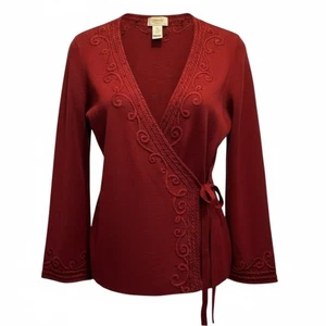 Talbots Deep Red V-Neck Wrap Sweater Size Medium Long Sleeve - Picture 1 of 16