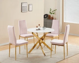 Dining Table Set White Marble-Effect 90cm Round Glass Gold and 4 Velvet Chairs - Picture 1 of 39