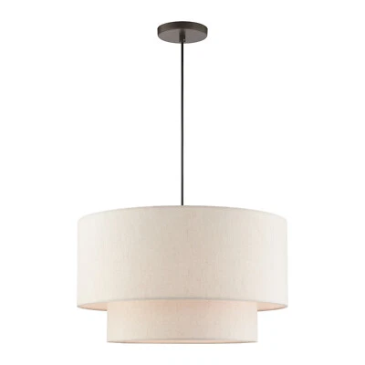Versatile Oatmeal Pendant with White Lining and Double Drum Shade Fits Any Décor - Image 1 of 4