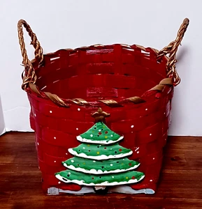 Red Wicker Decorative Basket with  Applied Christmas Tree and Cardinal Birds - Picture 1 of 8