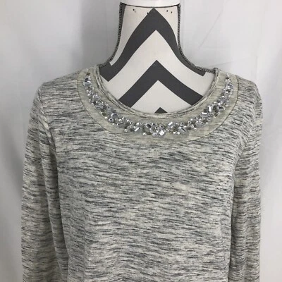 Maison Jules Light Gray Embellished Gemstone Space Dye Mesh Inset Knit Top XL - Image 1 of 4