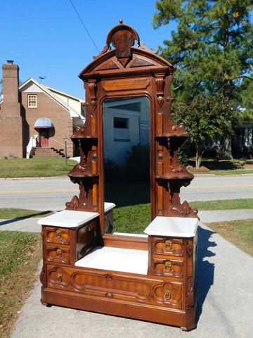 Walnut Victorian Drop Center Dresser with Etegere Top and Large Mirror Cover