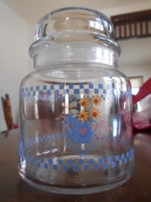 Flower Pot Sunflowers Canister Cookie Jar 5" H Glass Libbey Blue Yellow Pink ! - Image 1 of 4