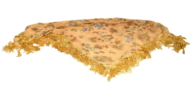 Vintage Beige Sheer Chiffon Blue Flowers Womens Fringed Wrap Shawl 40" x 40" - Image 1 of 4