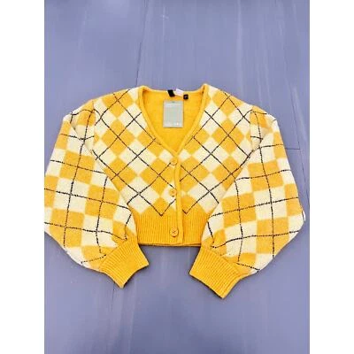 Novo Suéter Feminino H&M Malha Jacquard Amarelo Argyle Tamanho Pequeno - Imagem 1 de 4