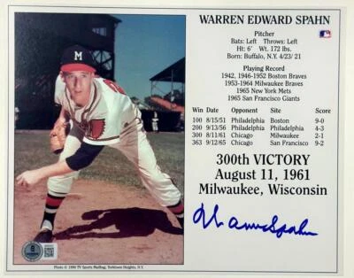 Warren Spahn signed 8x10 Photo Milwaukee Braves autograph ~ BAS Beckett - Image 1 of 3