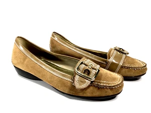Etienne Aigner Solo Flats Womens Beige Suede Buckle Toe Slip-On Shoes - Size 9 M - Picture 1 of 11