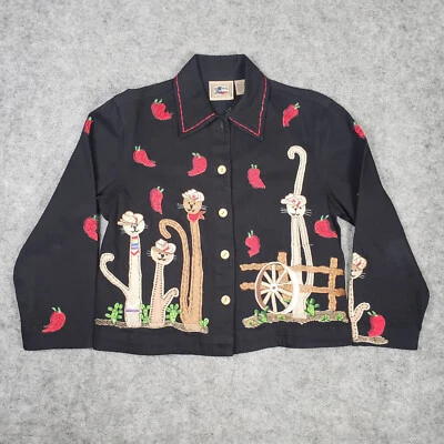 Vintage Don't Mess With Texas Jacket Womens Small Western Cats Peppers Denim - Image 1 of 4