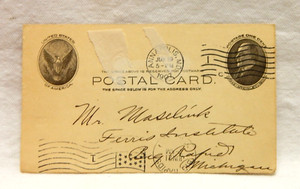 UX18 WILLIAM McKINLEY POSTAL CARD ONE CENT POSTMARKED 1907